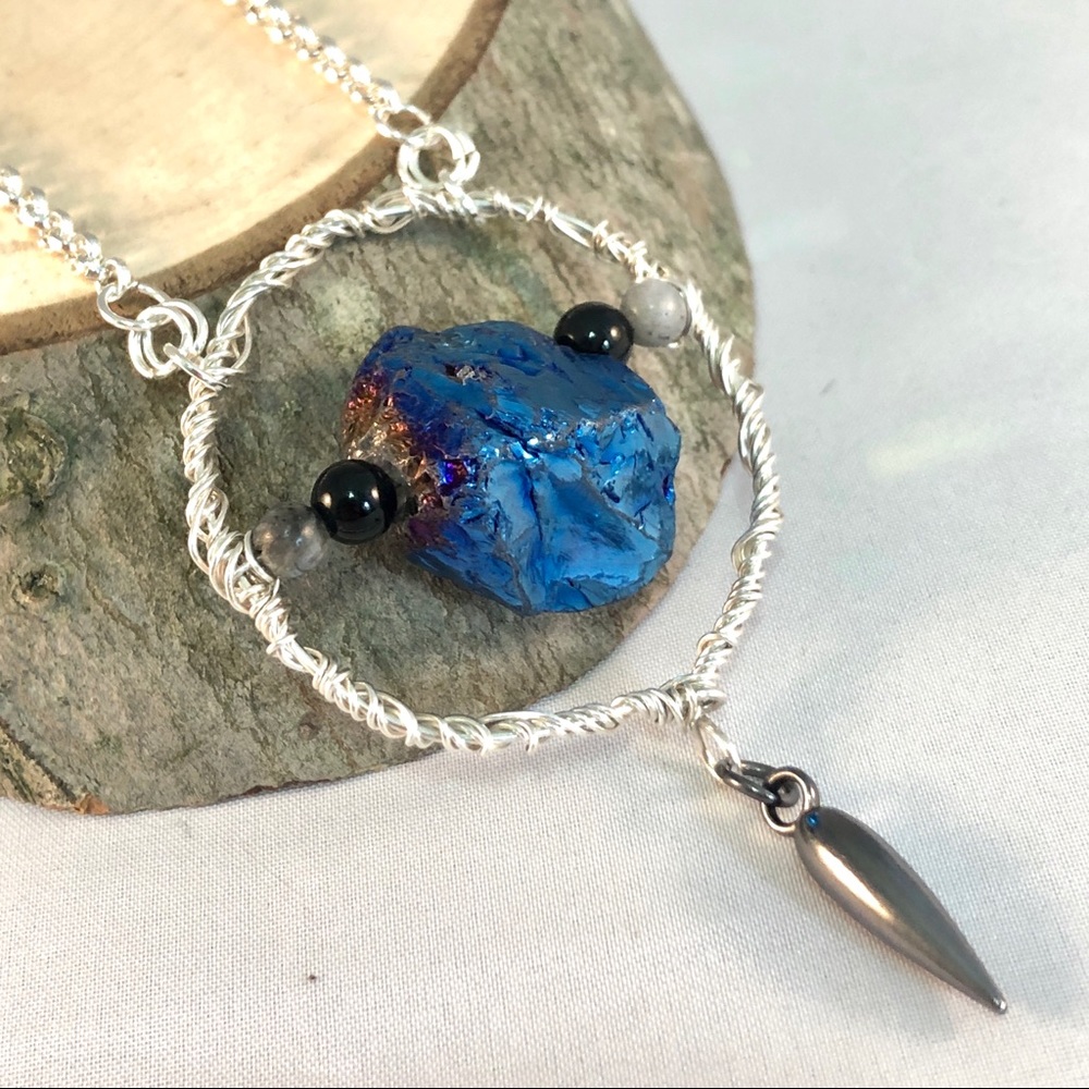 Flame Aura Quartz Crystal and Hematite Necklace